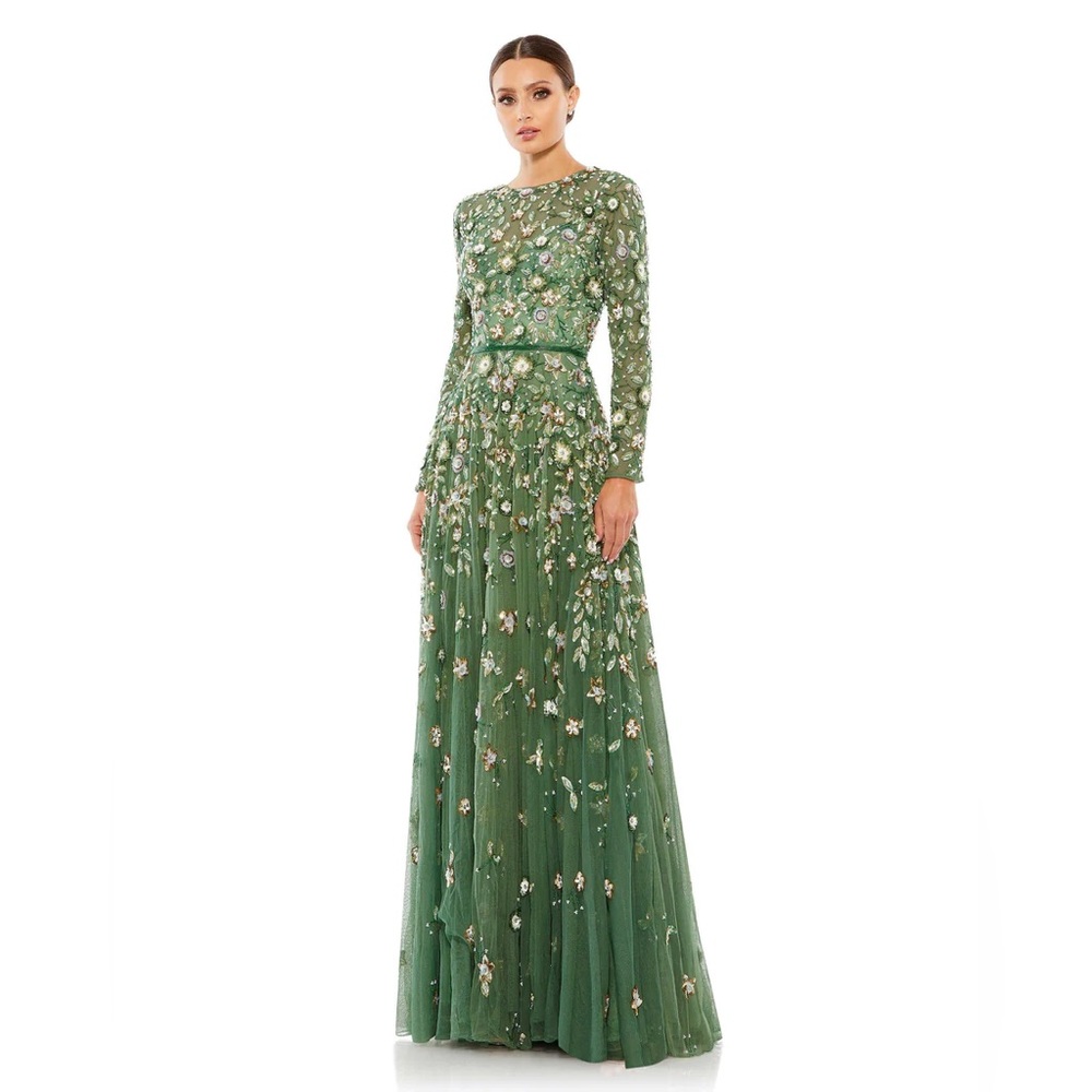 ⚡️SOLD⚡️Mac Duggal Floral Appliqué long sleeve illusion evening gown